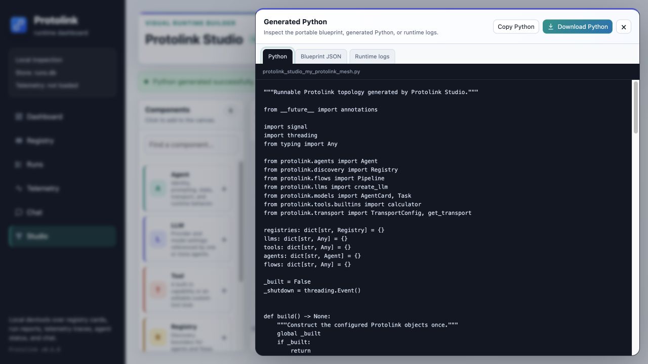 The real Protolink Studio output dialog showing generated runnable Python with copy and download controls