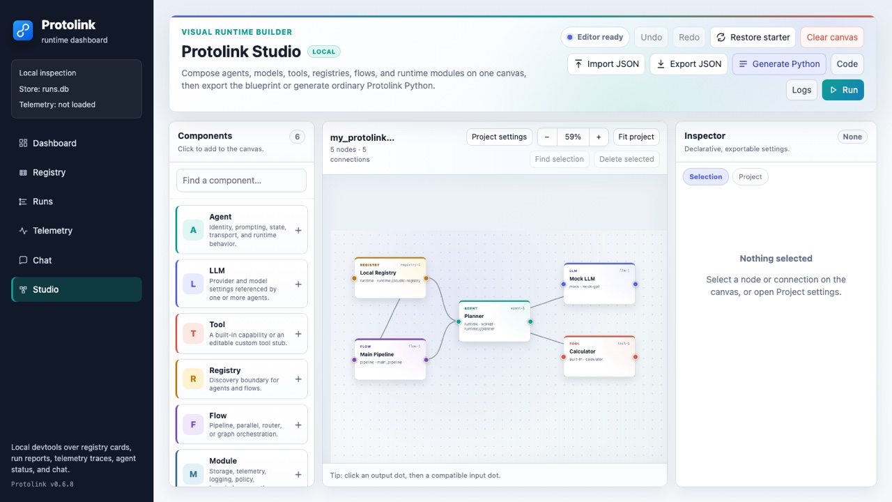 The live Protolink Studio workspace with its component palette, topology canvas, inspector, and command bar